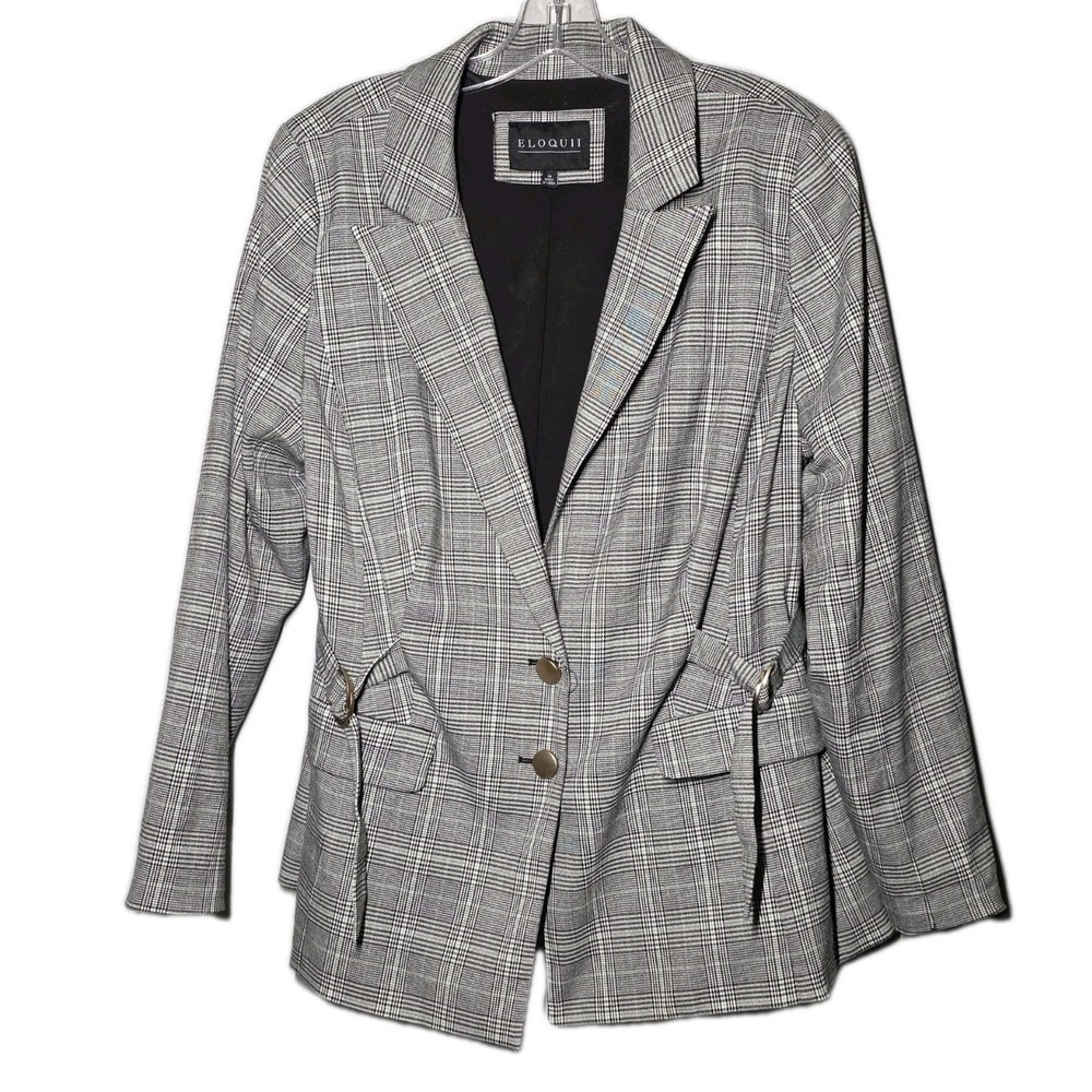 Eloquii Womens Sz 16 Plaid Blazer Jacket In Black White & Green With Should Pads